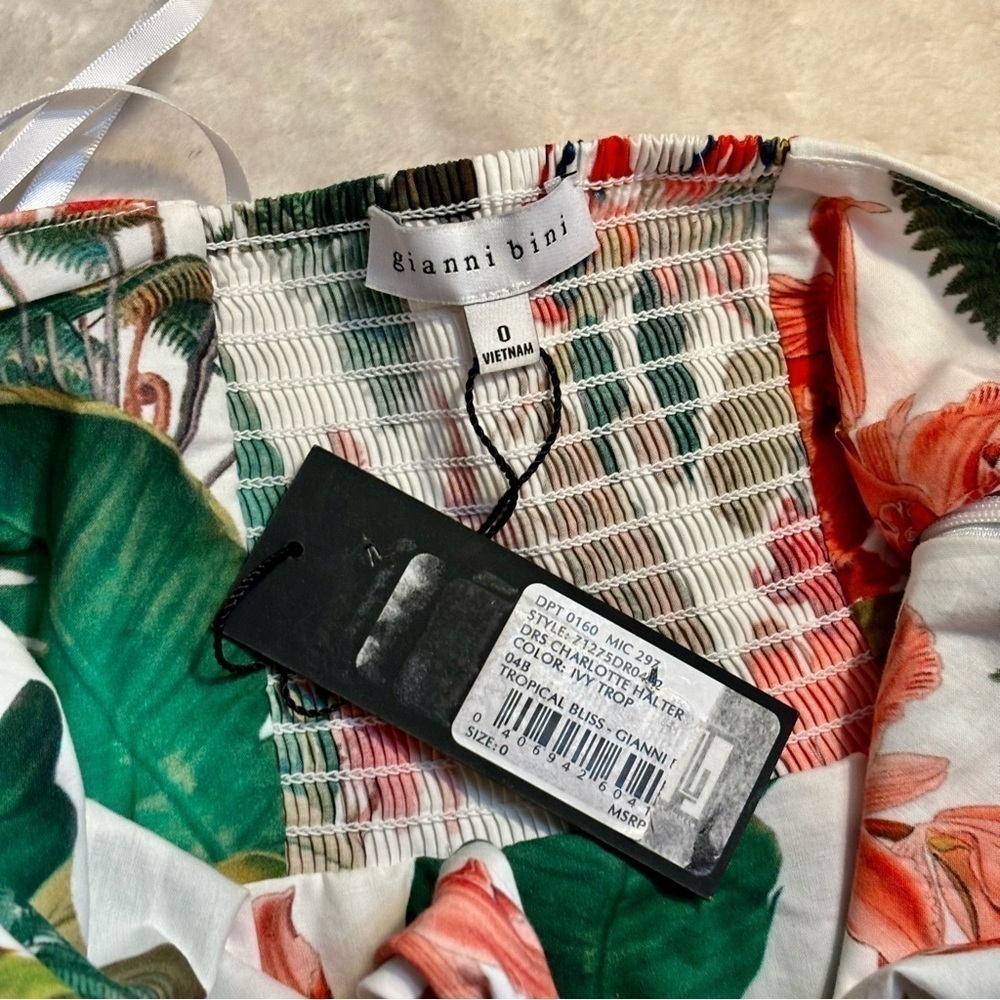 NWT Gianni Bini Dress Size 0 Charlotte Halter Ivory Tropical 100% Cotton Floral - Picture 9 of 14